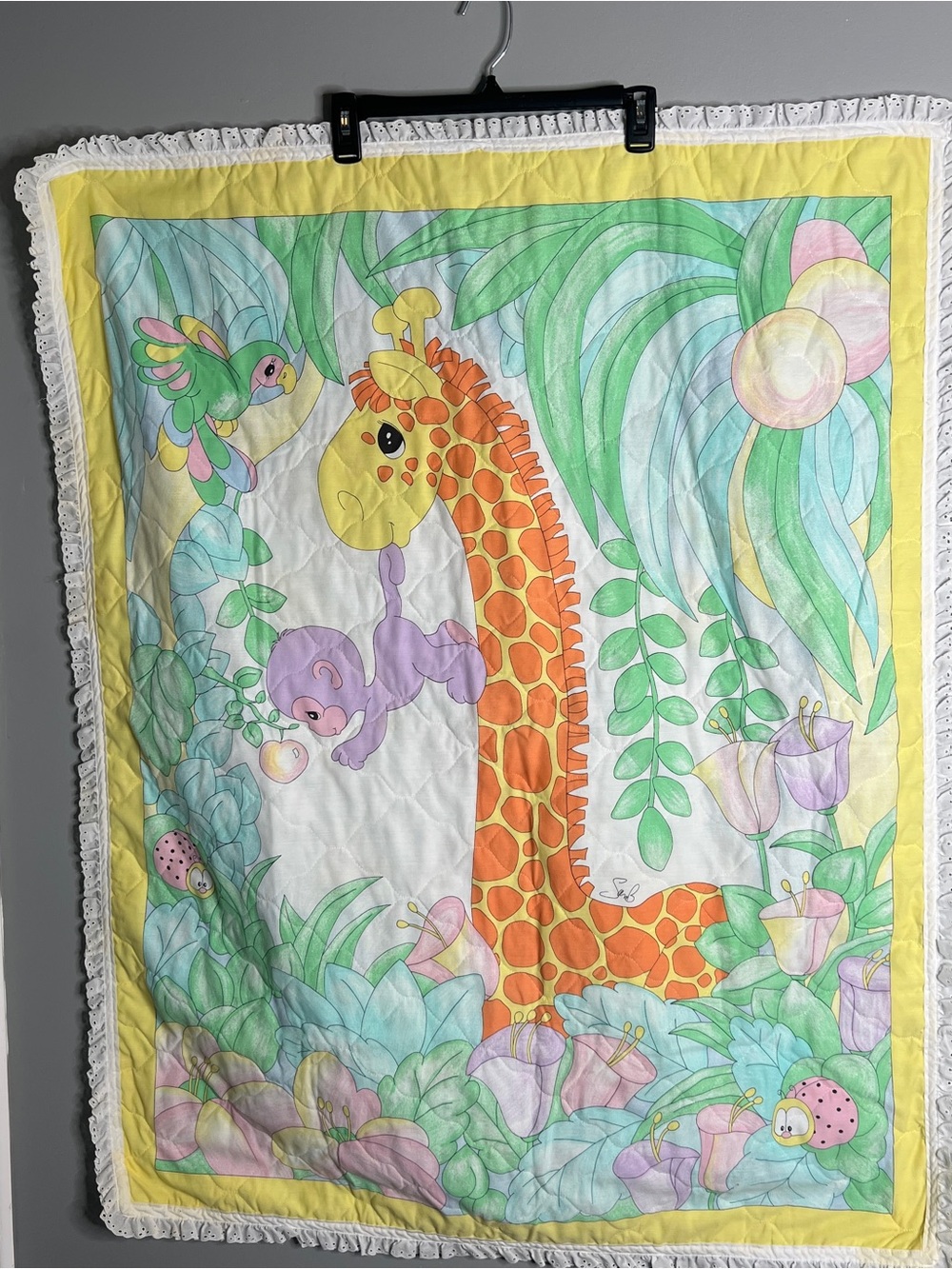 Vintage 1990s Precious Moments Baby Crib Quilt Animal Blanket Ruffle Border